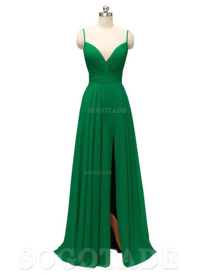 Honest Chiffon Spaghetti Straps Slit Long Bridesmaid Dresses prom shop dresses