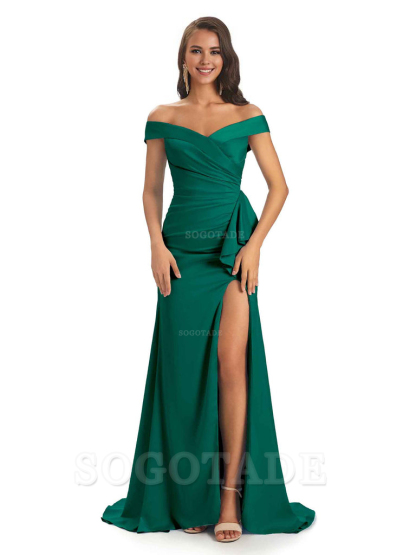 Sexy Soft Satin Side Slit Off The Shoulder Maxi Long Mermaid Bridesmaid Dresses prom shop dresses