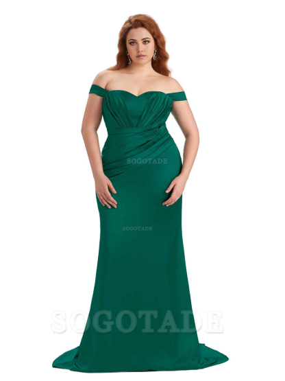 Sexy Mermaid Off The Shoulder Sweetheart Soft Satin Floor Length Long Plus Size Maid of Honor Dresses