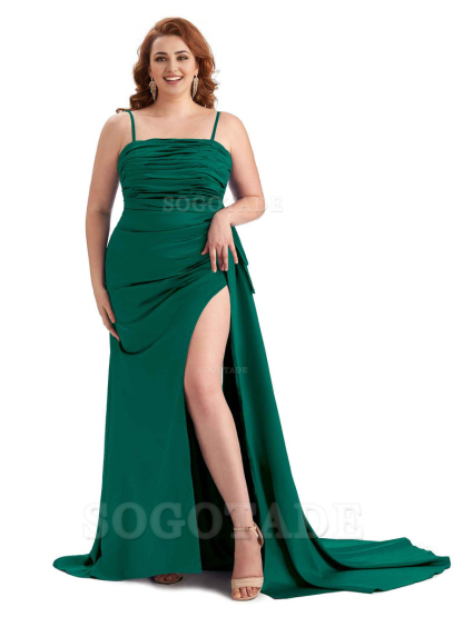 Sexy Side Slit Spaghetti Straps Mermaid Soft Satin Long Plus Size Bridesmaid Dresses Online