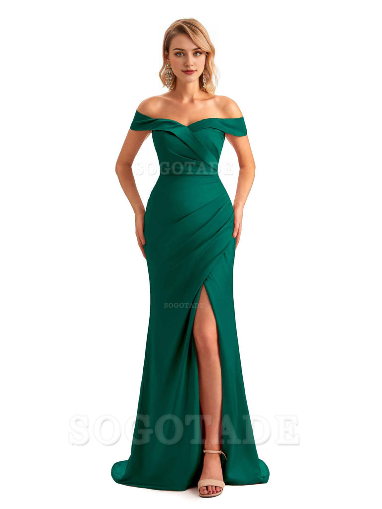 Off Shoulder Side Slit Mermaid Silky Satin Unique Long Formal Wedding Guest Dresses Online