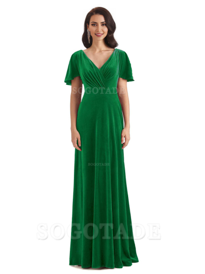 V-Neck Sexy See Through Short Sleeves Lace up Velvet Long Bridesmaid Dresses Formal Women's Dresses Wedding Guests Dresses