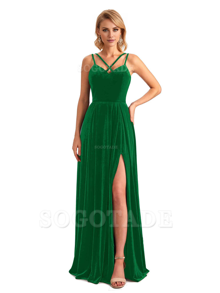 Sexy Side Slit Spaghetti Straps Unique Velvet Long Bridesmaid Dresses Online