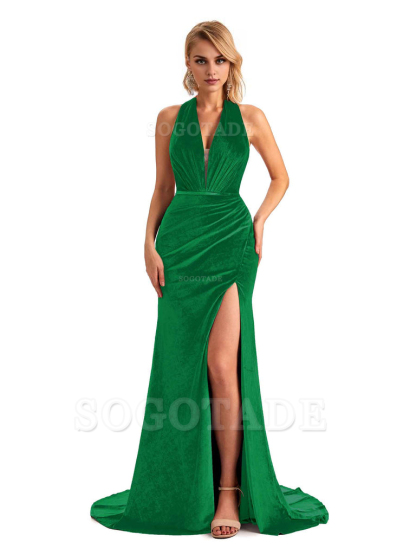Sexy Deep V Neck Backless Mermaid Halter Side Slit Velvet Long Bridesmaid Dresses Online