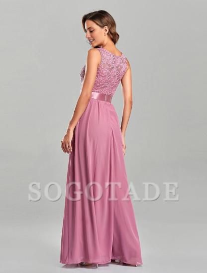 A-Line Evening Gown Empire Dress Party Wear Wedding Guest Floor Length Short Sleeve Jewel Neck Chiffon with Embroidery-SOGOTADE