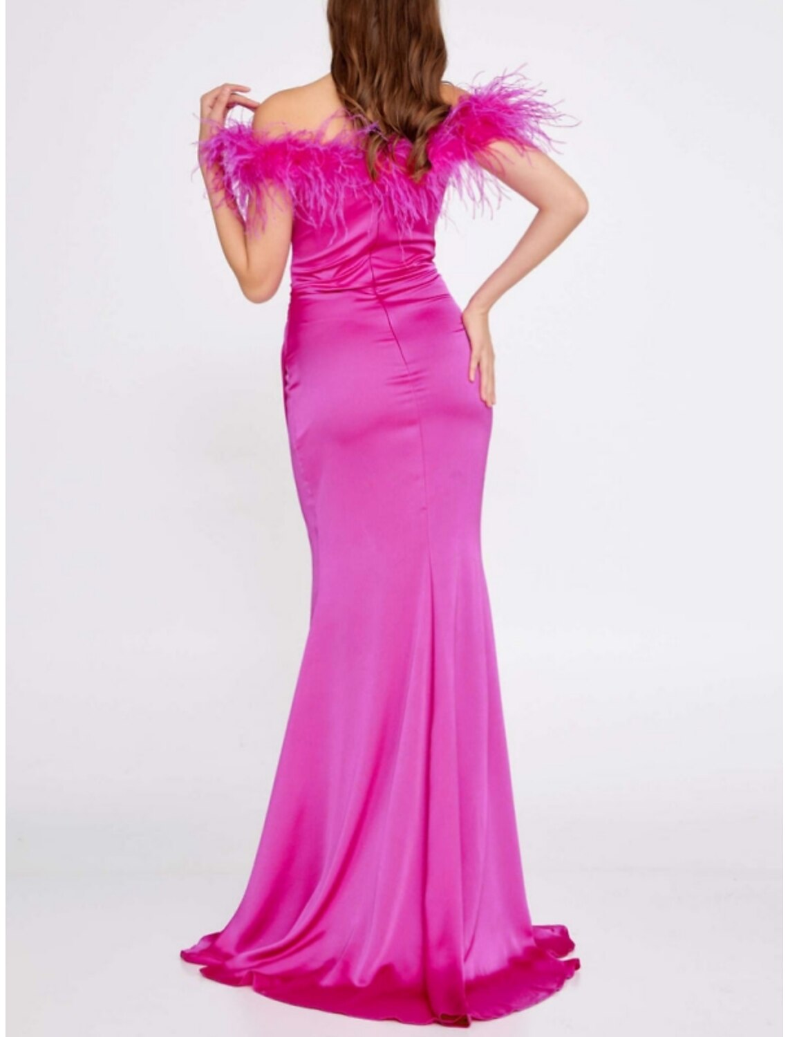 A-Line Evening Gown High Split Dress Formal Sweep / Brush Train Short Sleeve Off Shoulder Satin with Feather Ruched Slit-SOGOTADE