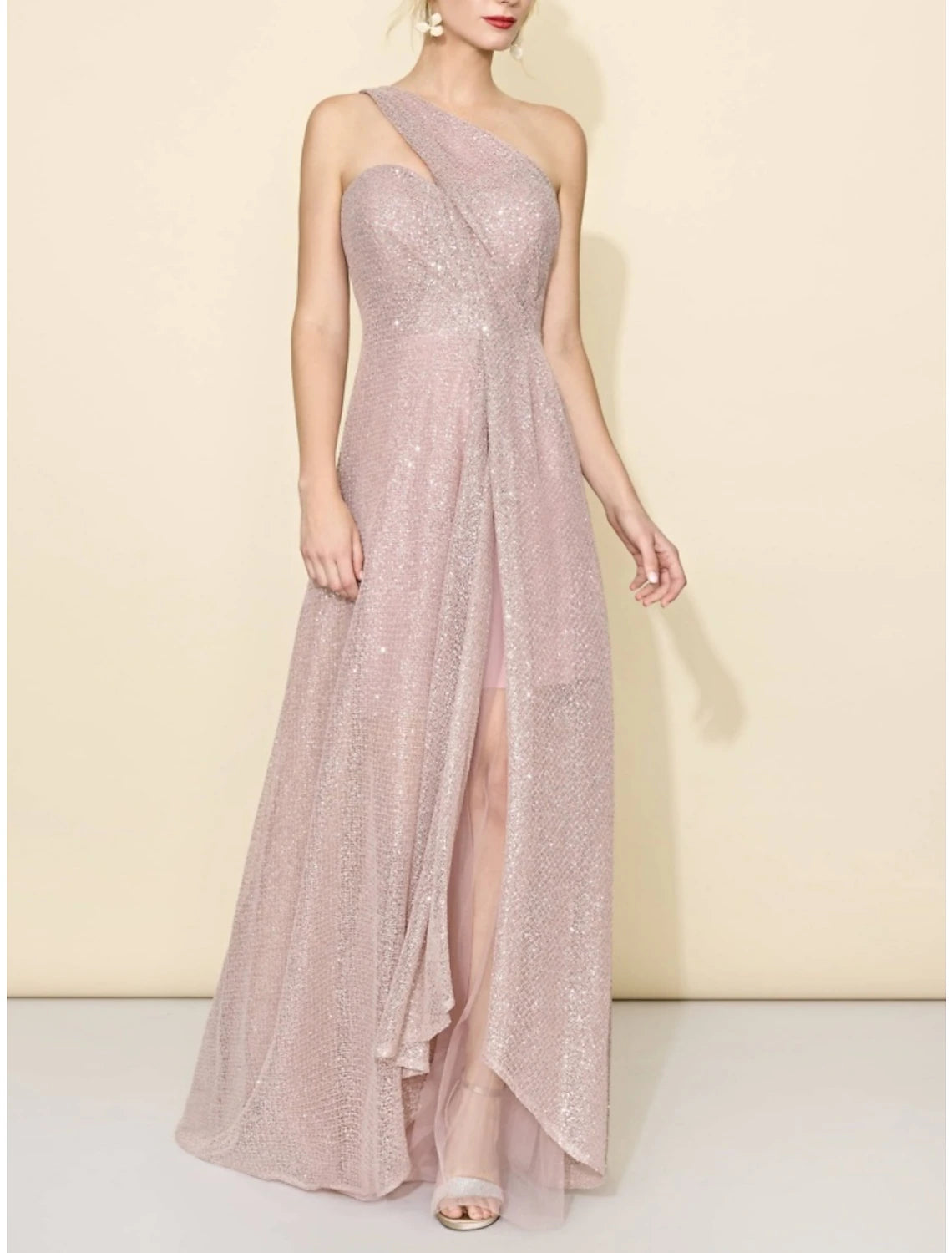 A-Line Bridesmaid Dress One Shoulder Sleeveless Elegant Sweep / Brush Train Sequined with Split Front / Ruching-SOGOTADE
