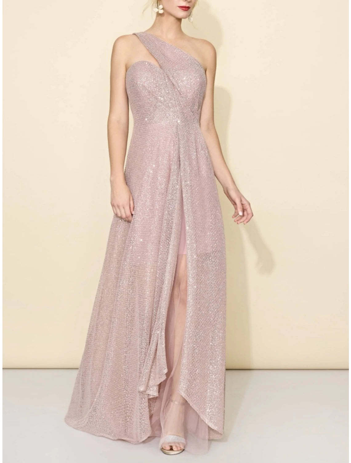 A-Line Bridesmaid Dress One Shoulder Sleeveless Elegant Sweep / Brush Train Sequined with Split Front / Ruching-SOGOTADE