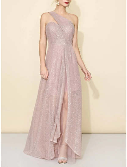 A-Line Bridesmaid Dress One Shoulder Sleeveless Elegant Sweep / Brush Train Sequined with Split Front / Ruching-SOGOTADE