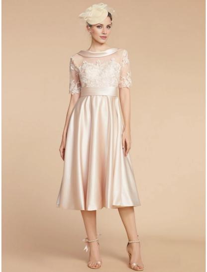 A-Line Mother of the Bride Dress Wedding Guest Elegant Petite Scoop Neck Knee Length Satin Lace Half Sleeve with Appliques Ruching Solid Color-SOGOTADE