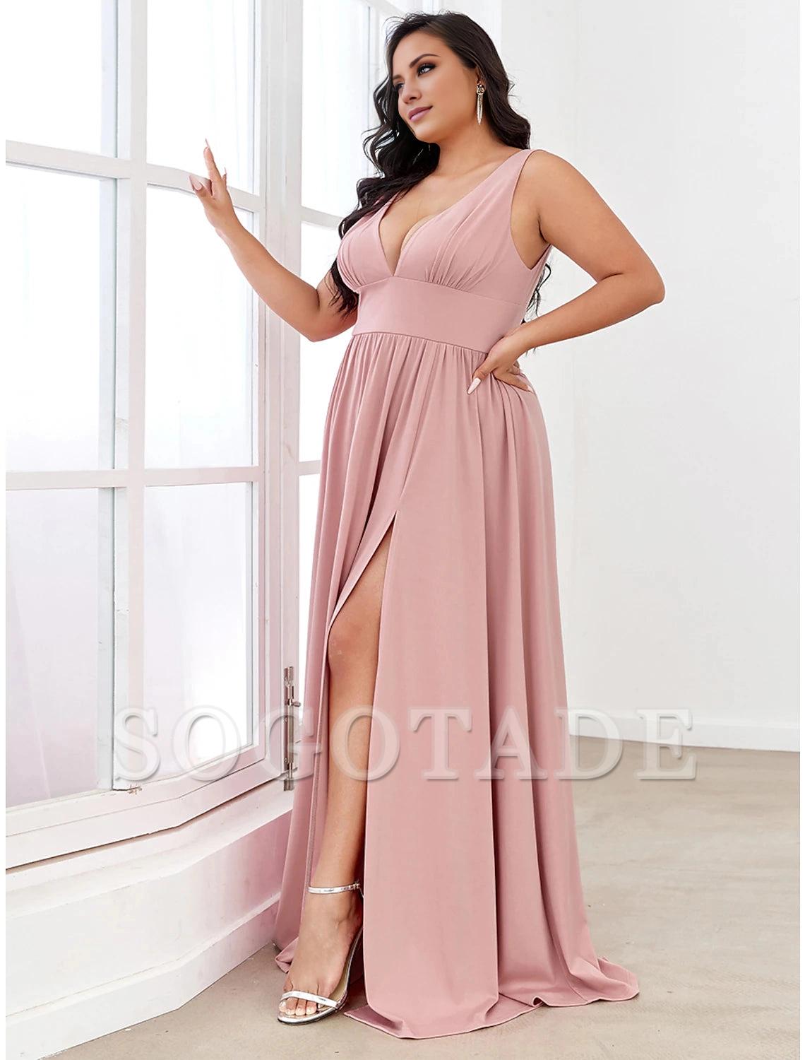 A-Line Prom Party Dress High Split Dress Wedding Guest Formal Evening Floor Length Sleeveless V Neck Bridesmaid Dress Chiffon V Back with Slit Pure Color