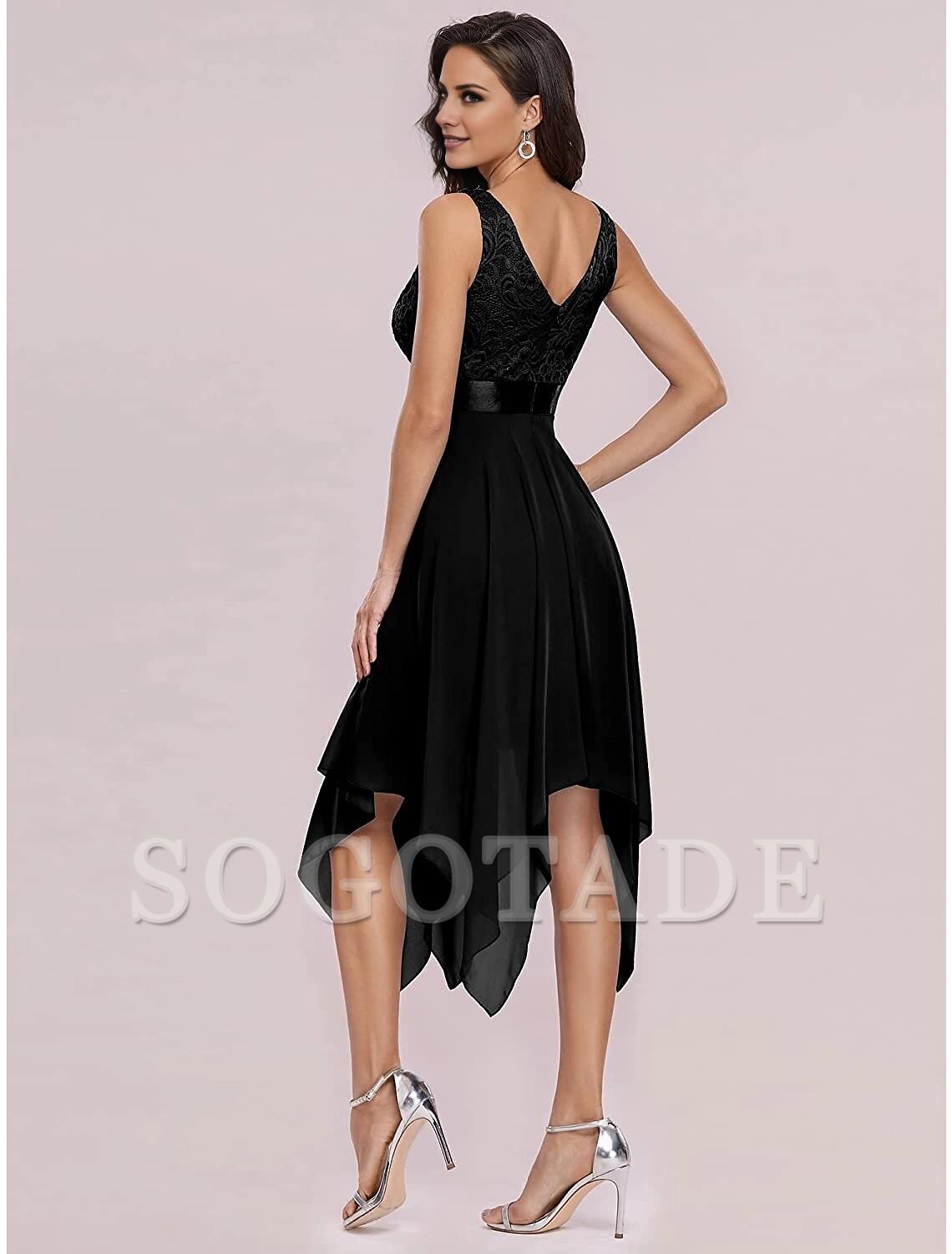 A-Line Cocktail Dresses Party Dress Homecoming Wedding Guest Asymmetrical Sleeveless V Neck Chiffon V Back with Pure Color Splicing-SOGOTADE