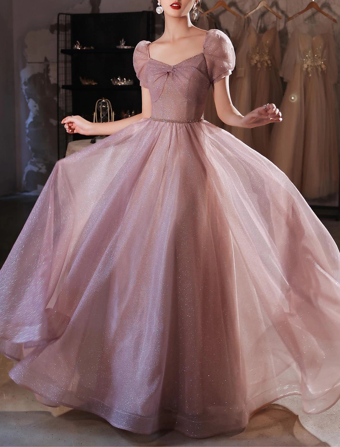 A-Line Beautiful Back Elegant Prom Formal Evening Birthday Dress Sweetheart Neckline Short Sleeve Floor Length Lace with Beading 2024 / Puff Balloon Sleeve-SOGOTADE