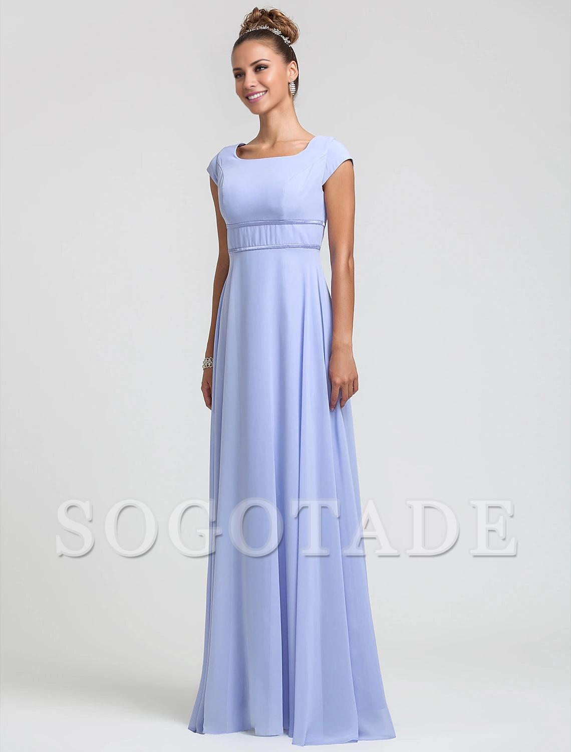 Sheath / Column Bridesmaid Dress Square Neck Short Sleeve Elegant Floor Length Chiffon with Sash / Ribbon / Pleats