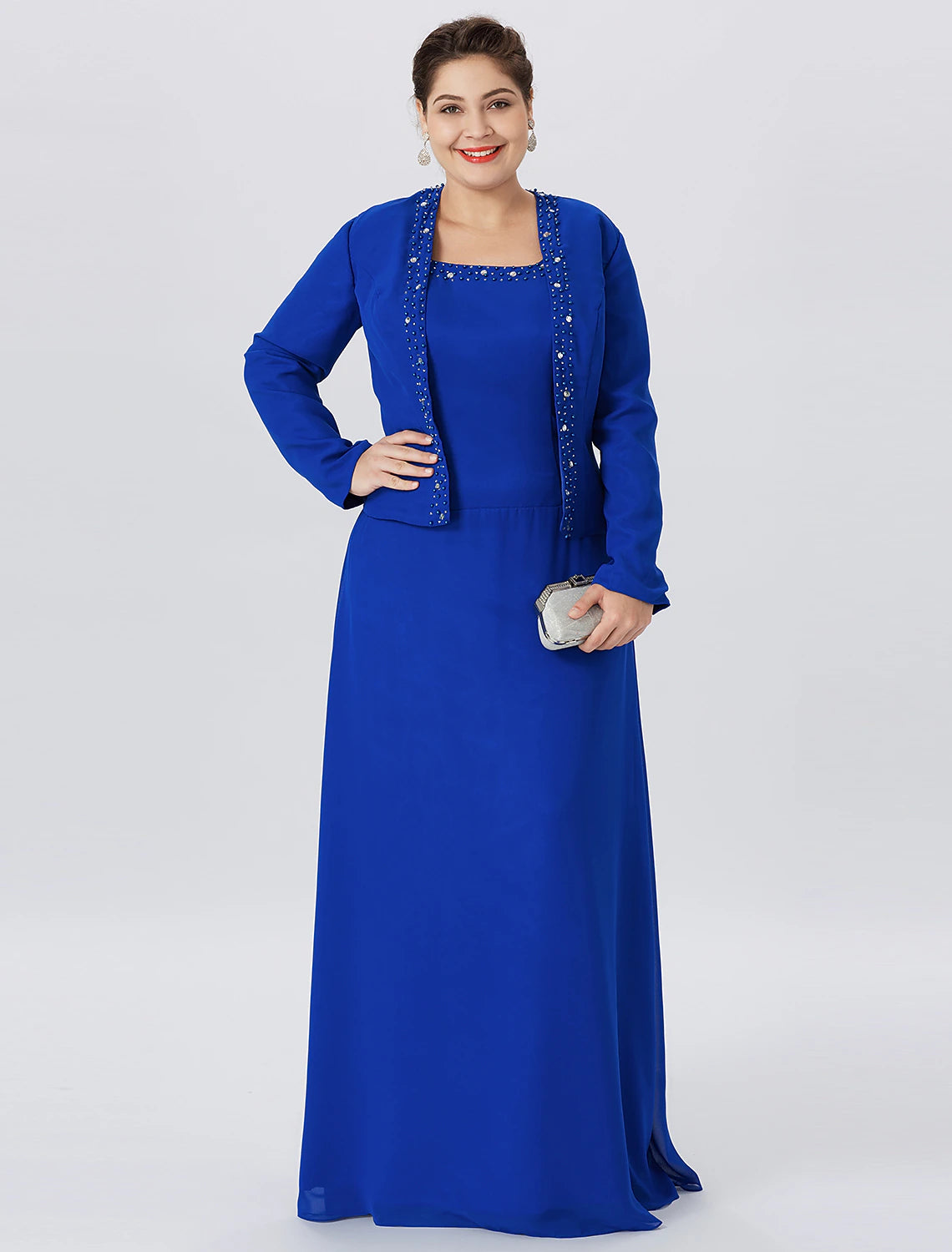 A-Line Mother of the Bride Dress Formal Classic & Timeless Elegant & Luxurious Plus Size Straps Floor Length Chiffon Lace Long Sleeve Wrap Included with Pearls Crystals-SOGOTADE