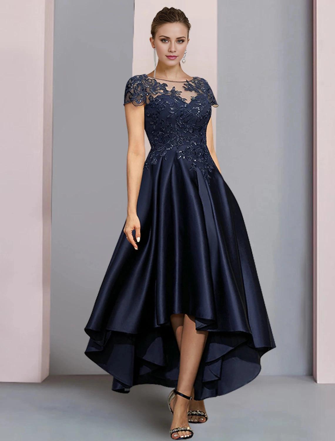 A-Line Mother of the Bride Dress Formal Wedding Guest Party Elegant High Low Scoop Neck Asymmetrical Tea Length Satin Lace Half Sleeve with Sequin Appliques-SOGOTADE