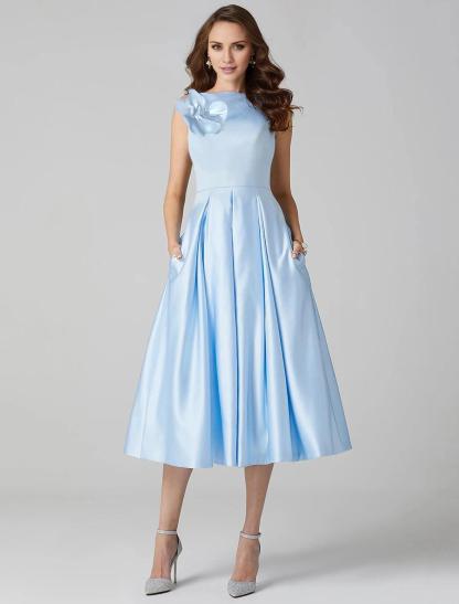 A-Line Cocktail Dresses Party Dress Formal Wedding Guest Tea Length Sleeveless Jewel Neck Pocket Satin with Pleats Shouder Flower-SOGOTADE