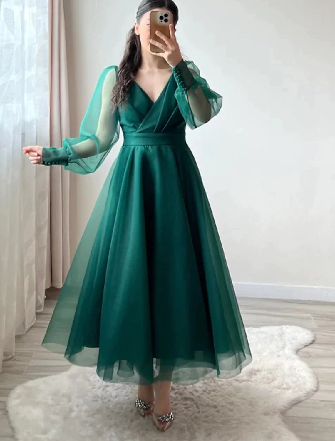 A-Line Cocktail Dresses Minimalist Dress Christmas Red Green Dress Wedding Guest Tea Length Long Sleeve V Neck Organza with Buttons Pure Color-SOGOTADE