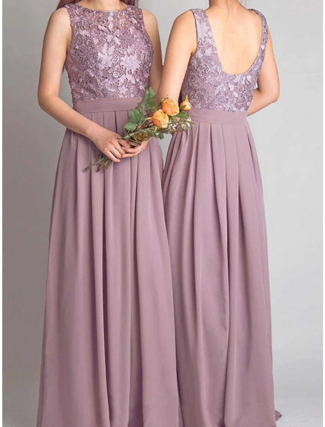 A-Line Bridesmaid Dress Scoop Neck Sleeveless Elegant Floor Length Chiffon with Lace / Ruching-SOGOTADE