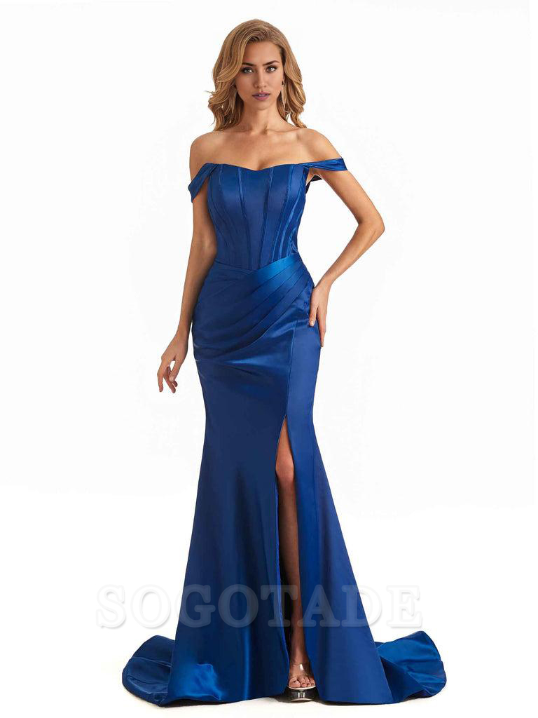 Sexy Long Mermaid Bridesmaid Dresses Off The Shoulder with Side Slit Satin Elegant Evening Party Dress 
