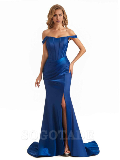 Sexy Long Mermaid Bridesmaid Dresses Off The Shoulder with Side Slit Satin Elegant Evening Party Dress 