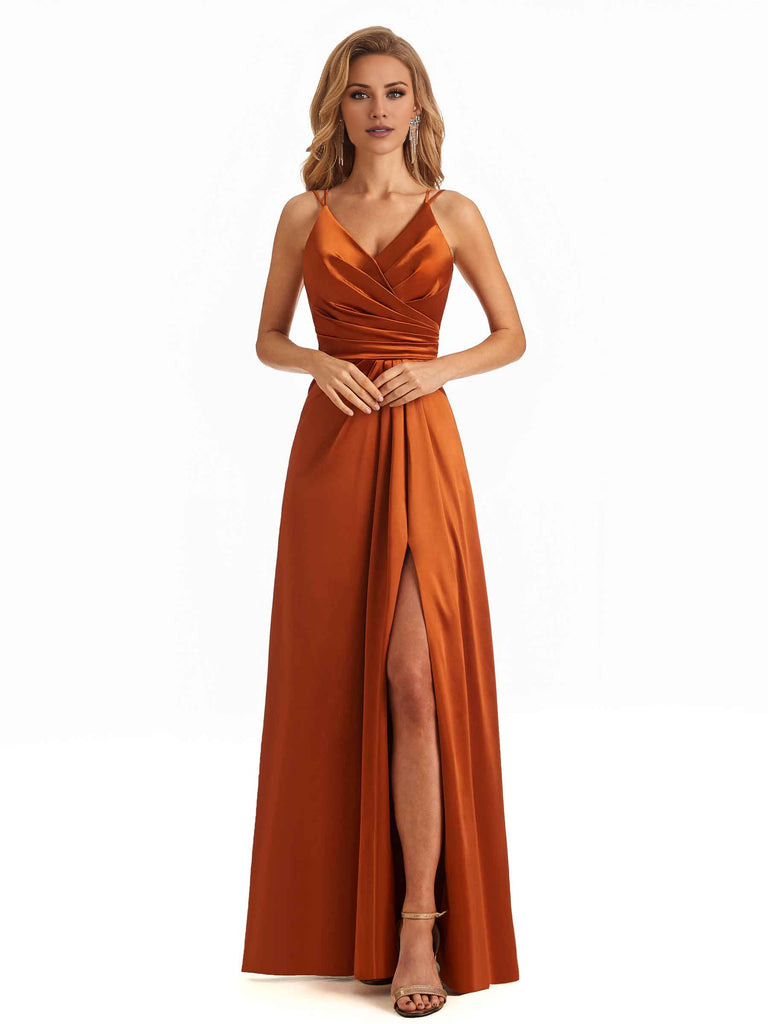 Soft Satin A-Line Spaghetti Straps V Neck Side Slit Maxi Long Bridesmaid Dresses