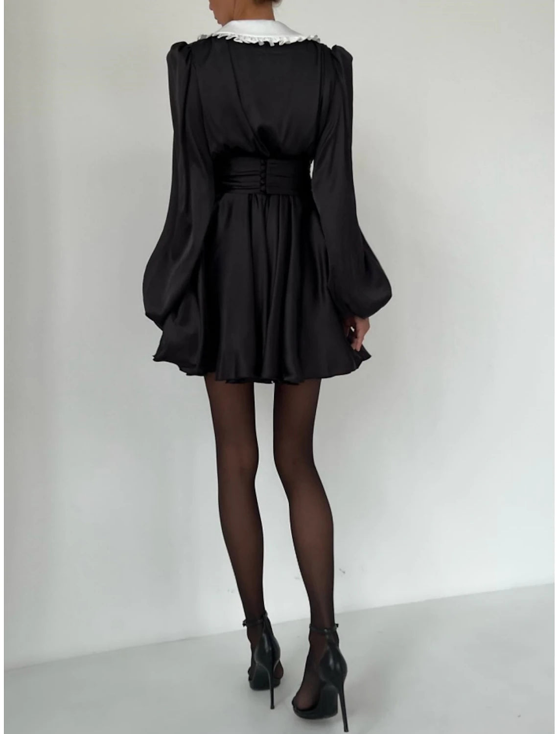A-Line Homecoming Dresses Vintage Dress Homecoming Short / Mini Black Dress Long Sleeve V Neck Satin with Pleats Ruched Ruffles-SOGOTADE