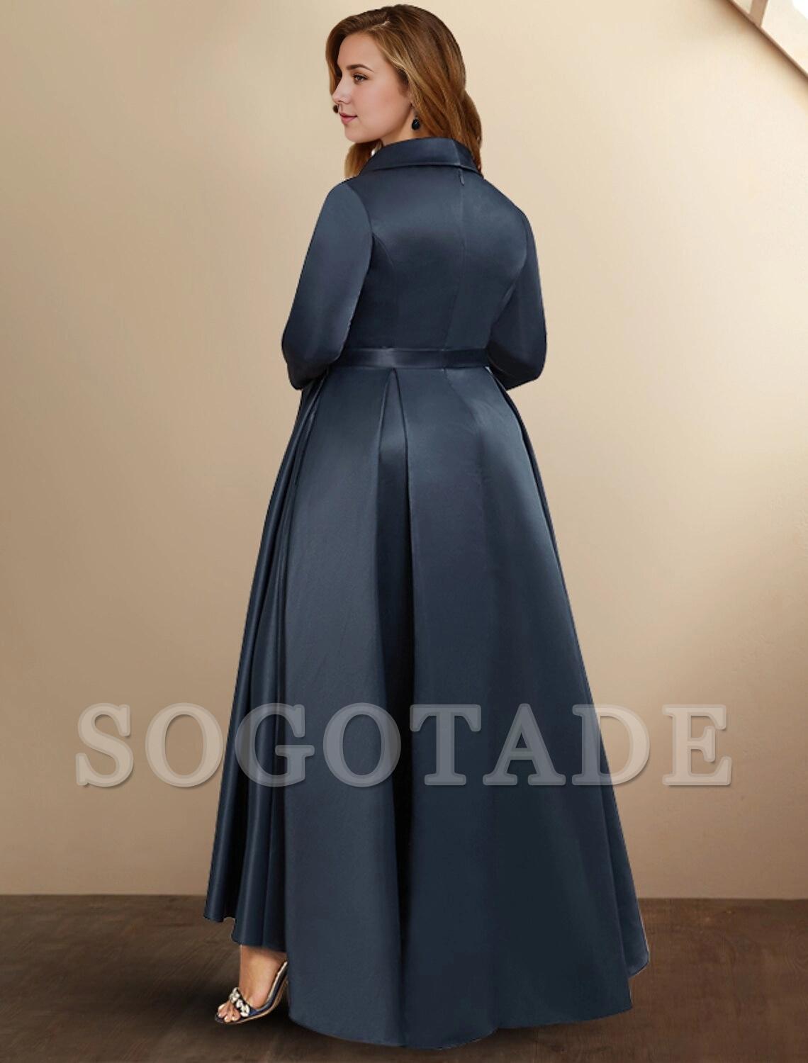 A-Line Mother of the Bride Dresses Plus Size Hide Belly Curve High Low Dress Formal Asymmetrical 3/4 Length Sleeve Shirt Collar Satin with Bow(s) Pleats