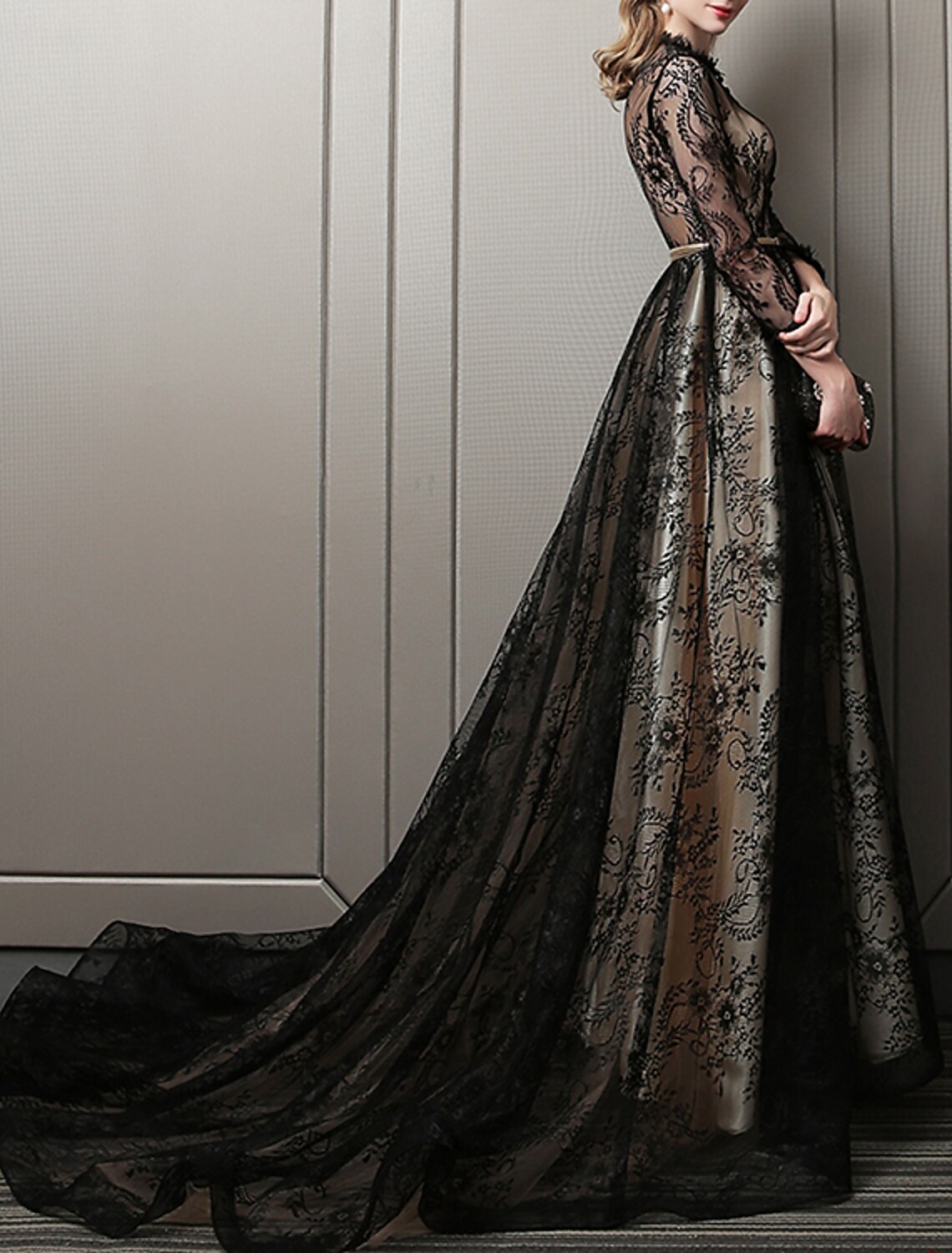 A-Line Evening Gown Cut Out Dress Wedding Guest Formal Evening Sweep / Brush Train 3/4 Length Sleeve Jewel Neck Lace with Pattern / Print 2024-SOGOTADE