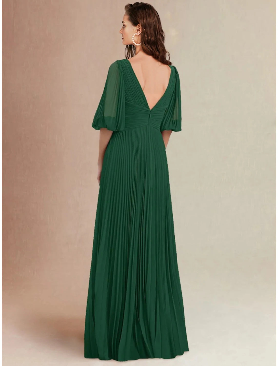 A-Line Bridesmaid Dress V Neck Half Sleeve Elegant Floor Length Chiffon with Split Front / Ruching-SOGOTADE