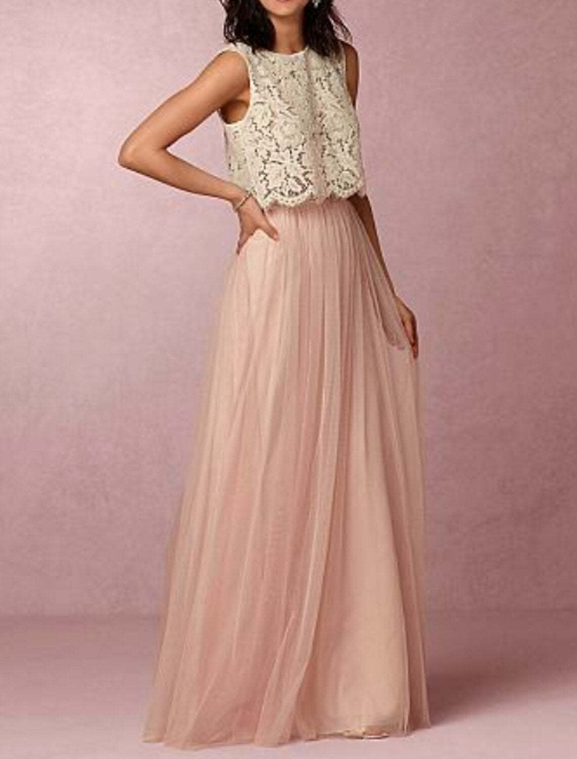 A-Line Bridesmaid Dress Jewel Neck Sleeveless Two Piece Floor Length Chiffon / Lace with Pleats-SOGOTADE