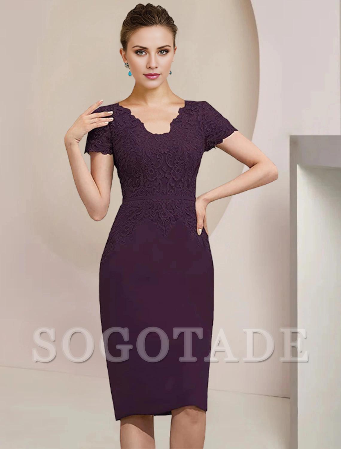 Two Piece Sheath / Column Mother of the Bride Dress Formal Wedding Guest Elegant V Neck Knee Length Chiffon Lace Short Sleeve Jacket Dresses with Appliques