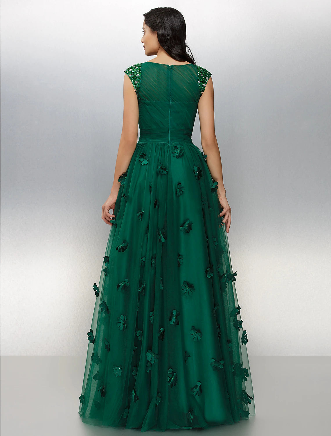 A-Line Floral Dress Wedding Guest Prom Floor Length Short Sleeve Boat Neck Tulle with Crystals Appliques 2024-SOGOTADE