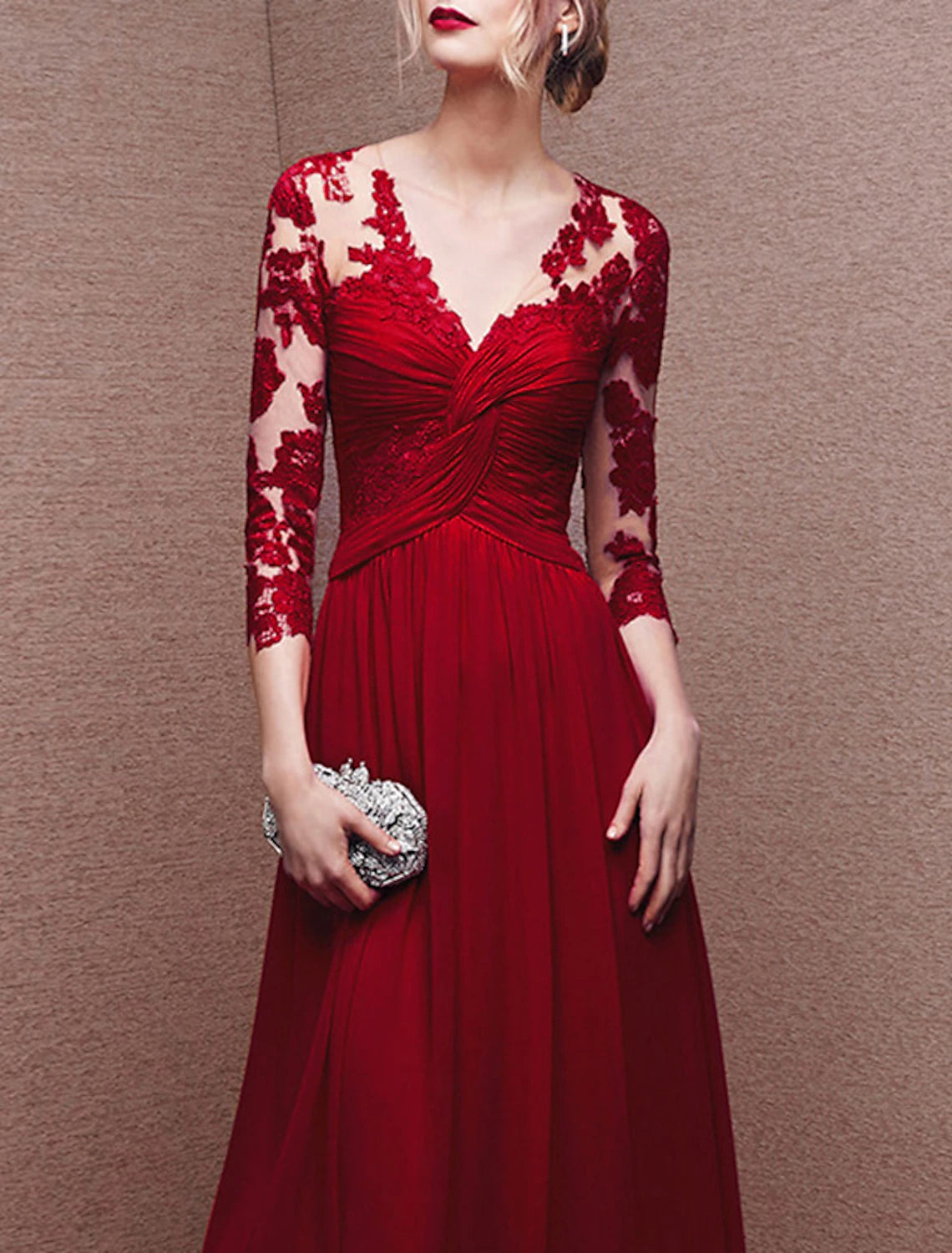 A-Line Evening Gown Party Dress Elegant Dress Formal Wedding Guest Floor Length 3/4 Length Sleeve V Neck Stretch Chiffon with Buttons Ruched Appliques 2024-SOGOTADE