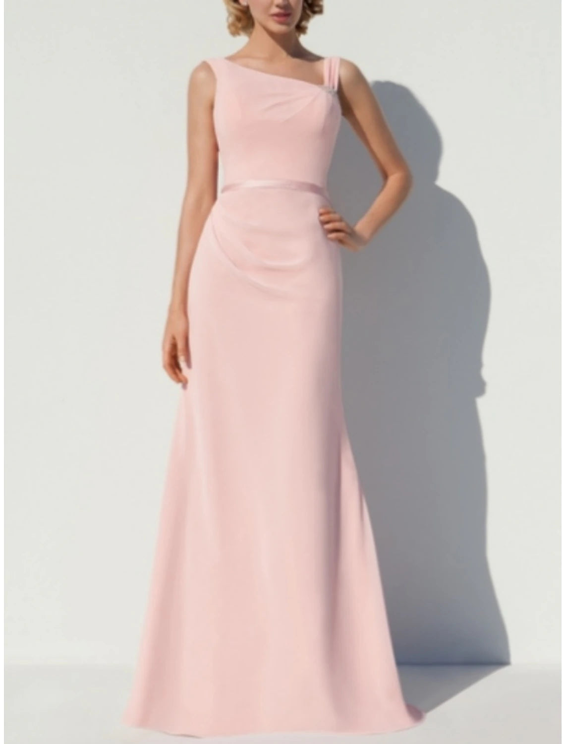 A-Line Bridesmaid Dress Scoop Neck Sleeveless Elegant Floor Length Chiffon with Split Front / Crystal Brooch / Ruching-SOGOTADE