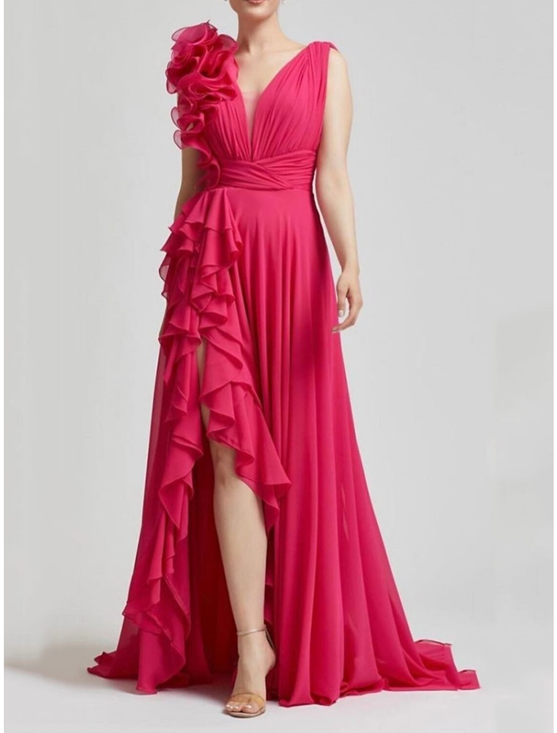 A-Line Evening Gown Elegant Dress Formal Sweep / Brush Train Sleeveless V Neck Chiffon with Pleats Ruched Ruffles-SOGOTADE