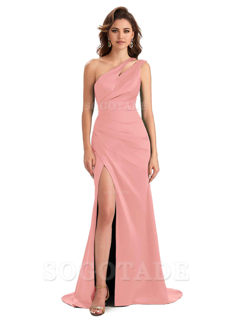 Mermaid One Shoulder Satin Sexy formal dresses evening gown Bridesmaid Dresses With Side Slit 