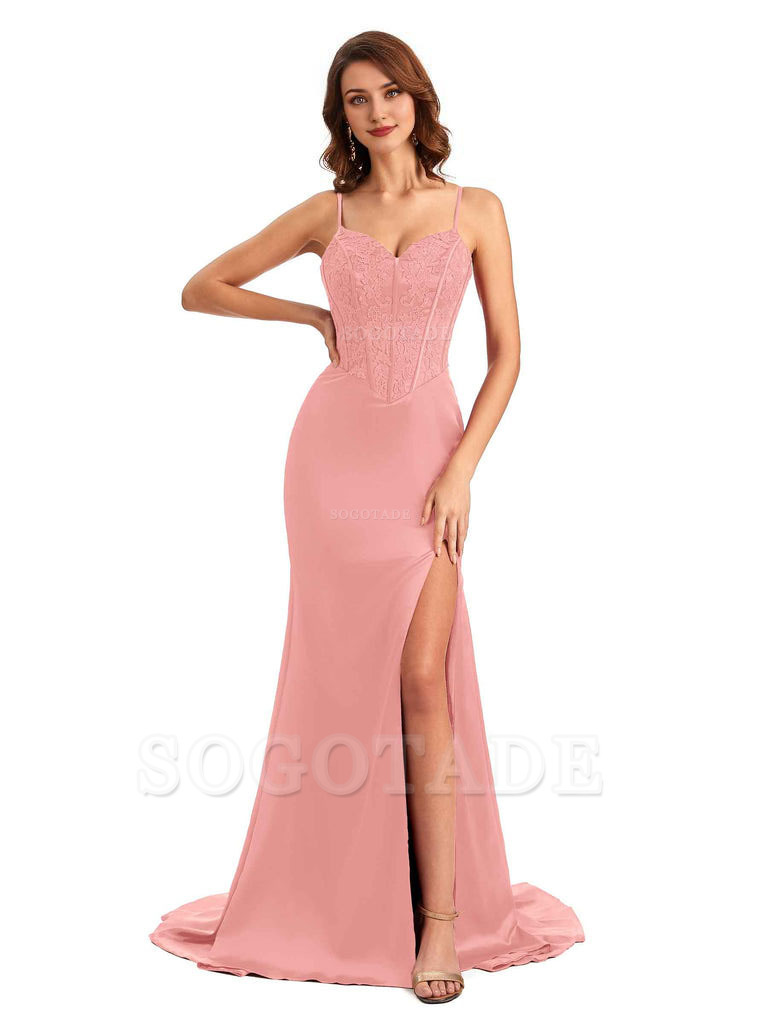 Sexy Side Slit Mermaid Silky Satin V-Neck Lace Unique Long Bridesmaid Dresses