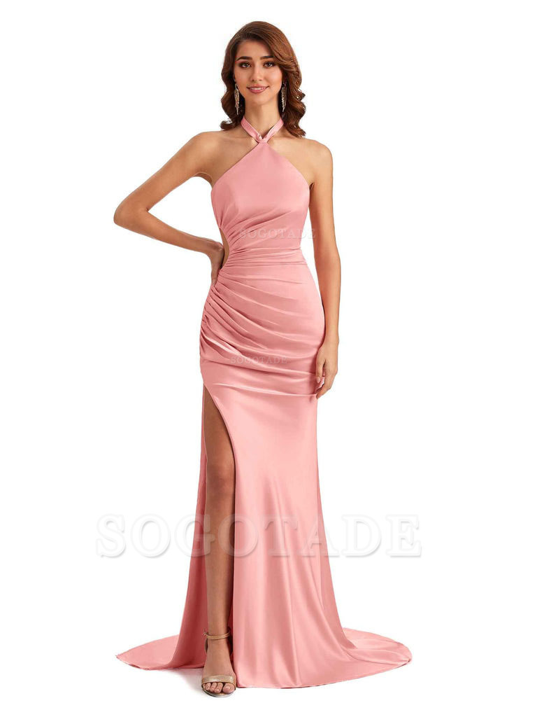 Sexy Halter Mermaid Silky Satin Unique Long Formal Wedding Guest Dresses