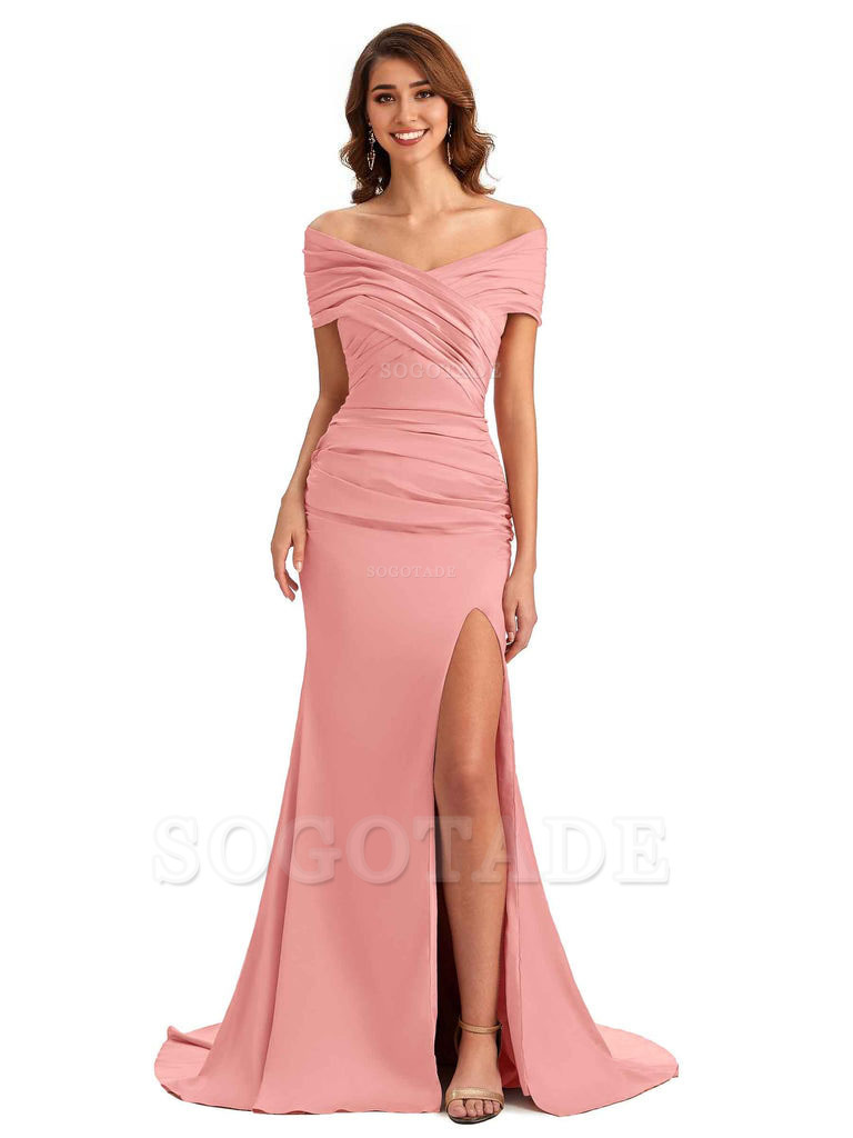 Sexy Off The Shoulder Side Slit Mermaid Satin Unique Long Formal Wedding Guest Dresses