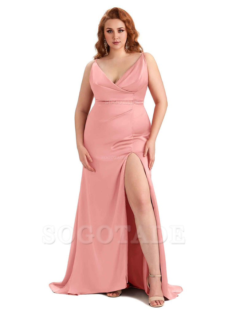 Sexy Side Slit Spaghetti Straps Mermaid Soft Satin Fashion Bridesmaid Dresses