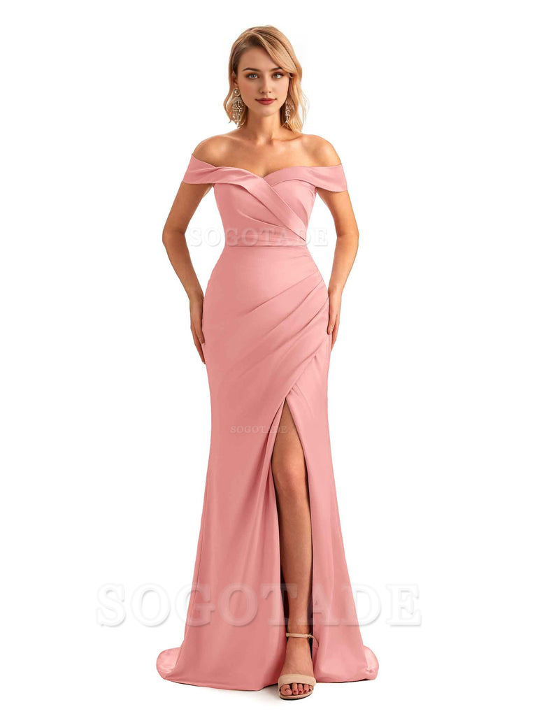 Off Shoulder Side Slit Mermaid Silky Satin Unique Long Formal Wedding Guest Dresses Online