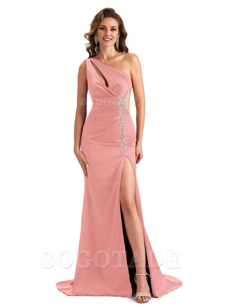 Sexy Side Slit Mermaid Soft Satin One Shoulder Lace Long Bridesmaid Dresses