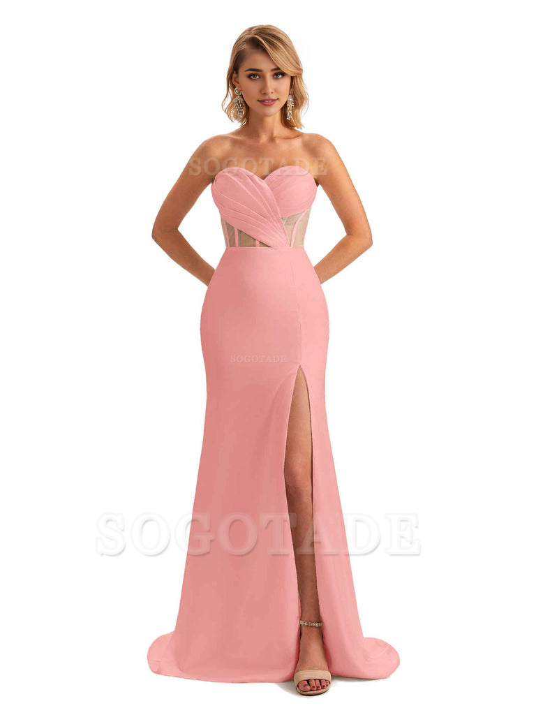 Sexy Sweetheart Strapless Side Slit Mermaid Soft Satin Unique Long Bridesmaid Dress For Wedding