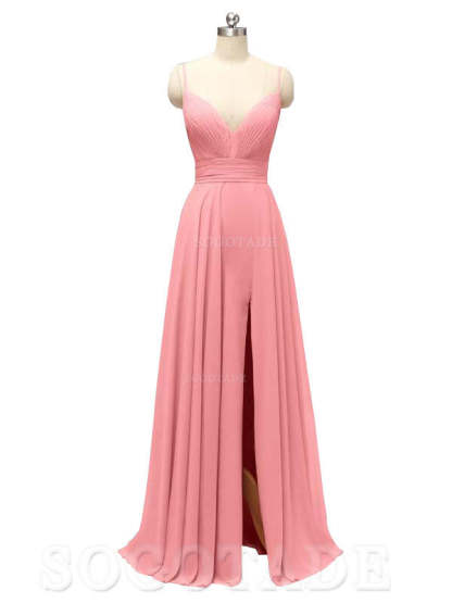 Honest Chiffon Spaghetti Straps Slit Long Bridesmaid Dresses prom shop dresses