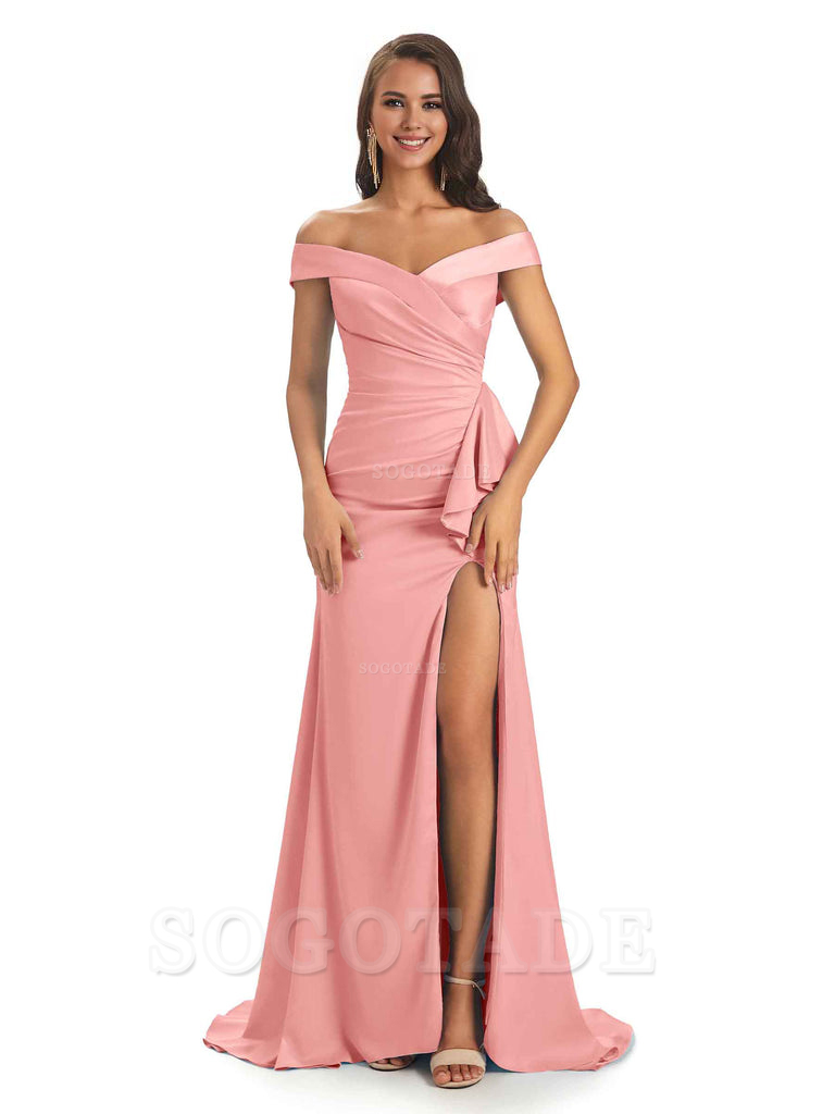 Sexy Soft Satin Side Slit Off The Shoulder Maxi Long Mermaid Bridesmaid Dresses prom shop dresses