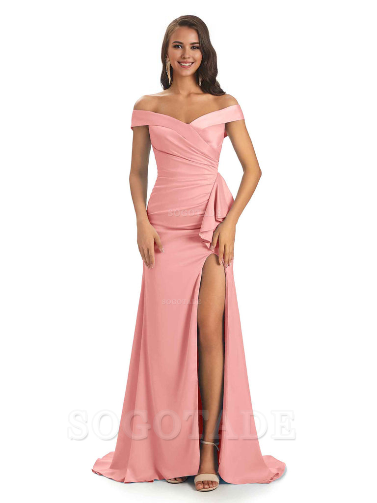 Sexy Soft Satin Side Slit Off The Shoulder Maxi Long Mermaid Bridesmai
