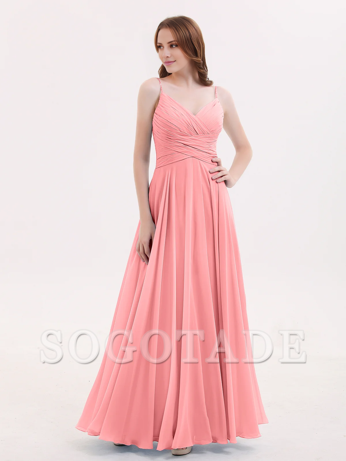 V-neck Fine Shoulder Strap Floor Length Chiffon Bridesmaid Dresses Online