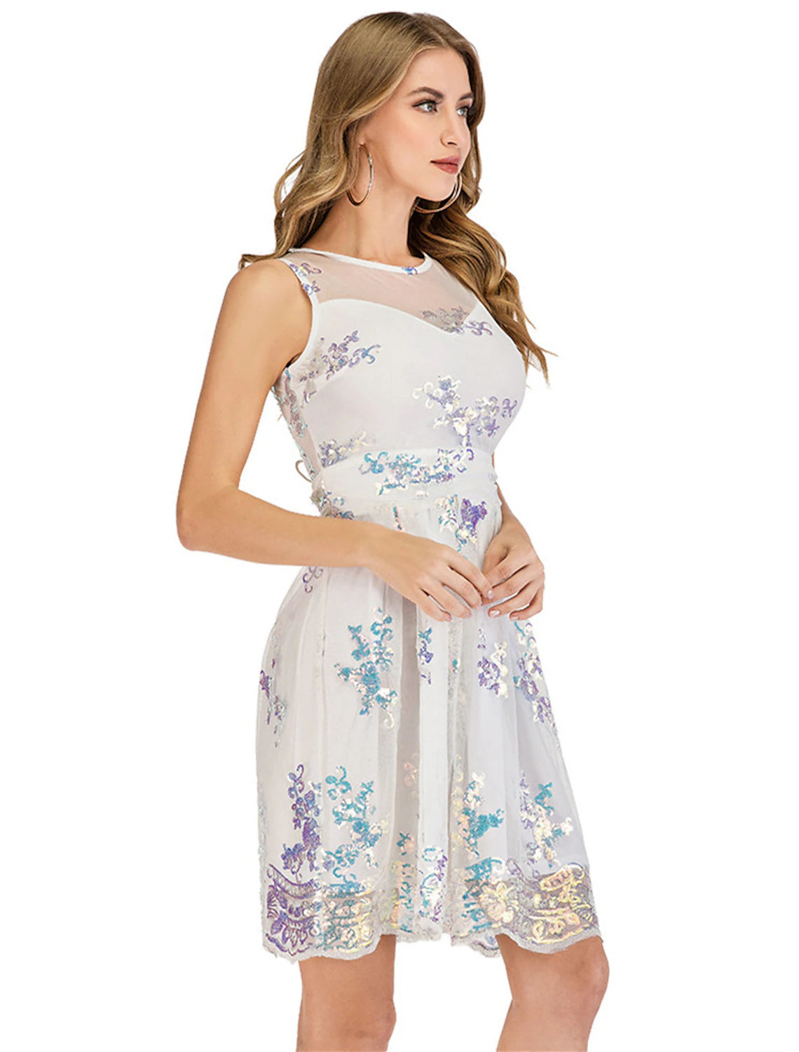 A-Line Cocktail Dresses Glittering Dress Party Wear Cocktail Party Short / Mini Sleeveless Illusion Neck Tulle with Pleats Sequin-SOGOTADE