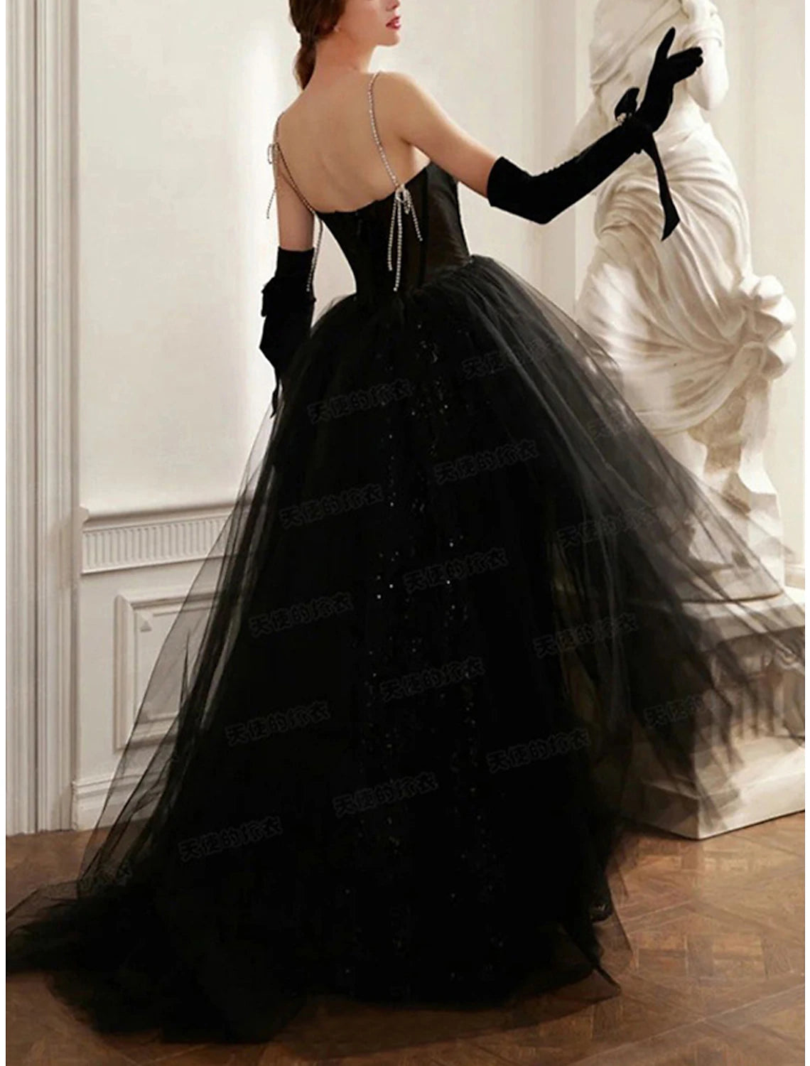 A-Line Evening Gown Black Dress Sparkle & Shine Dress Prom photoshoot Floor Length Sleeveless Strapless Sequined with Sequin-SOGOTADE